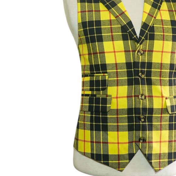Mens 46R Wool Tartan Plaid Vest Yellow Black Red Waistcoat Formal Wedding Party - Picture 6 of 8